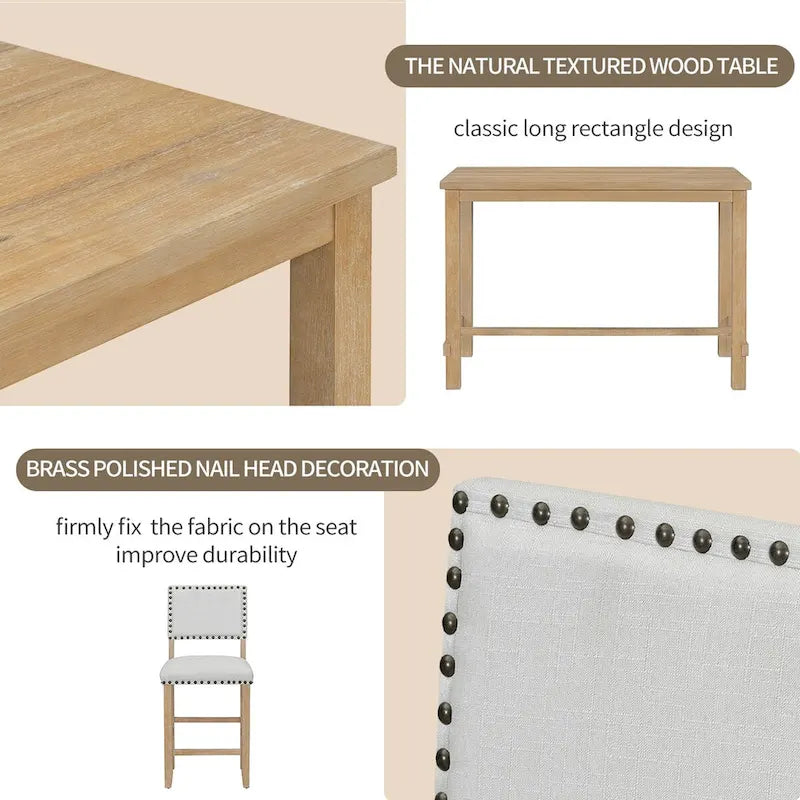 Ensemble de salle à manger 5 pièces, hauteur comptoir, table classique et élégante et 4 chaises en bois naturel lavé