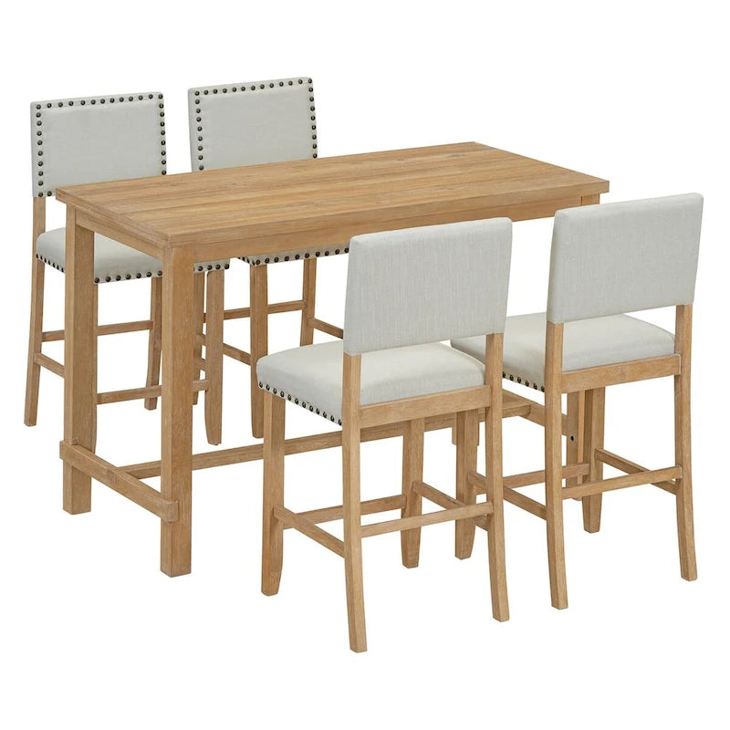 Ensemble de salle à manger 5 pièces, hauteur comptoir, table classique et élégante et 4 chaises en bois naturel lavé