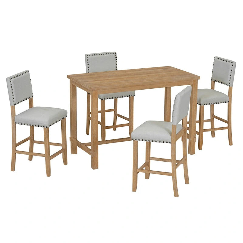 Ensemble de salle à manger 5 pièces, hauteur comptoir, table classique et élégante et 4 chaises en bois naturel lavé