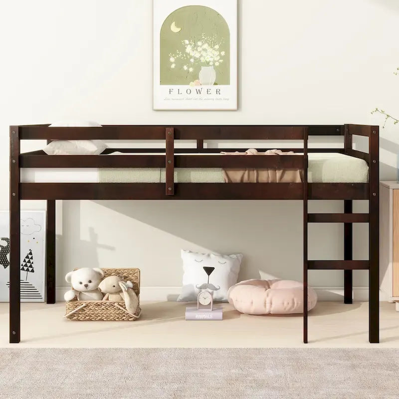 Lit mezzanine double en bois massif et en bois d'hévéa avec échelle et sommier à lattes renforcées