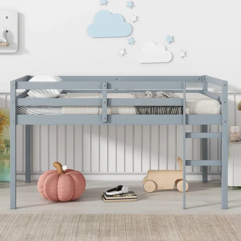 Lit mezzanine double en bois massif et en bois d'hévéa avec échelle et sommier à lattes renforcées