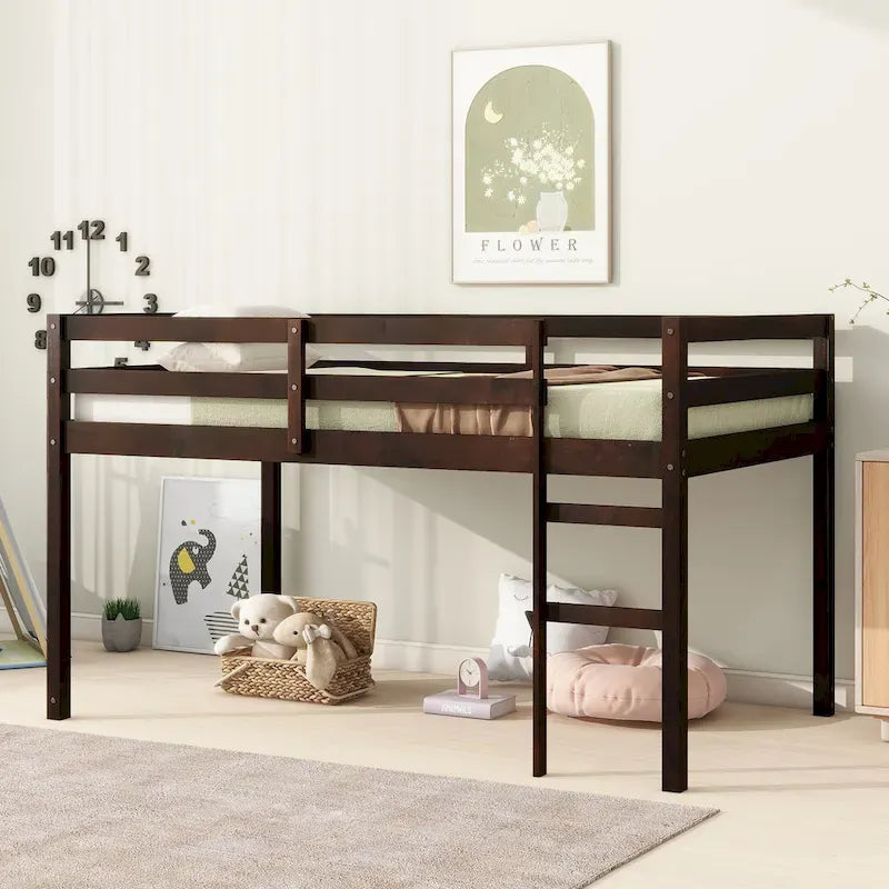 Lit mezzanine double en bois massif et en bois d'hévéa avec échelle et sommier à lattes renforcées