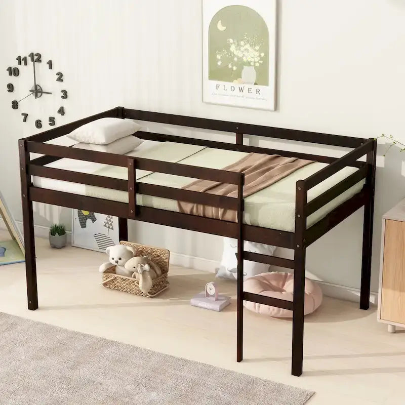 Lit mezzanine double en bois massif et en bois d'hévéa avec échelle et sommier à lattes renforcées