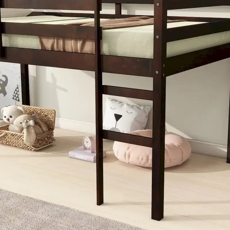 Lit mezzanine double en bois massif et en bois d'hévéa avec échelle et sommier à lattes renforcées