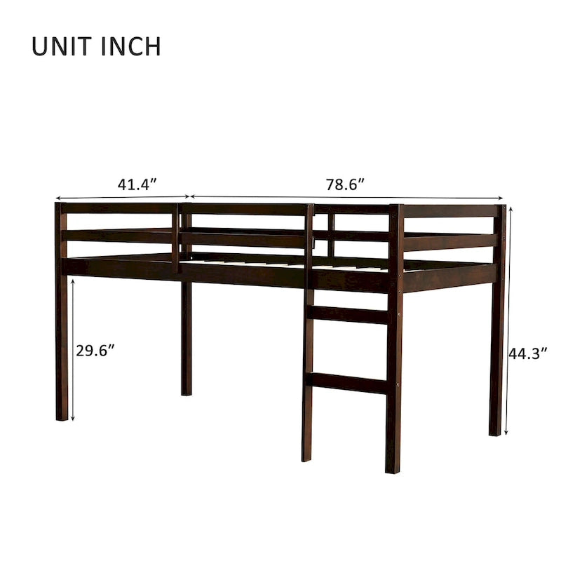Lit mezzanine double en bois massif et en bois d'hévéa avec échelle et sommier à lattes renforcées