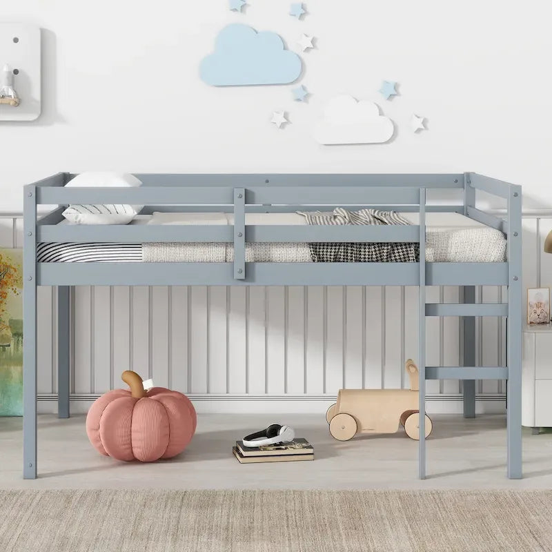 Lit mezzanine double en bois massif et en bois d'hévéa avec échelle et sommier à lattes renforcées