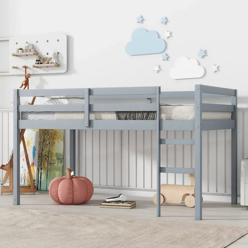 Lit mezzanine double en bois massif et en bois d'hévéa avec échelle et sommier à lattes renforcées