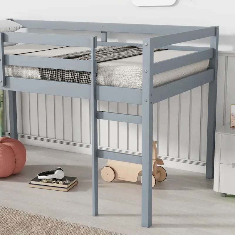 Lit mezzanine double en bois massif et en bois d'hévéa avec échelle et sommier à lattes renforcées