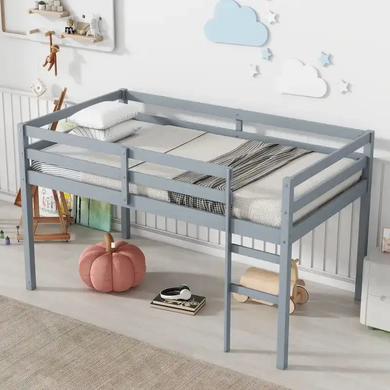 Lit mezzanine double en bois massif et en bois d'hévéa avec échelle et sommier à lattes renforcées