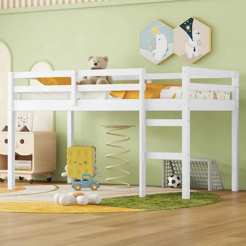 Lit mezzanine double en bois massif et en bois d'hévéa avec échelle et sommier à lattes renforcées