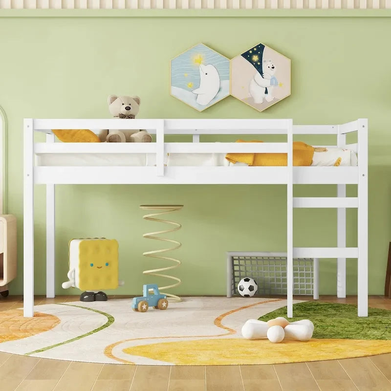 Lit mezzanine double en bois massif et en bois d'hévéa avec échelle et sommier à lattes renforcées