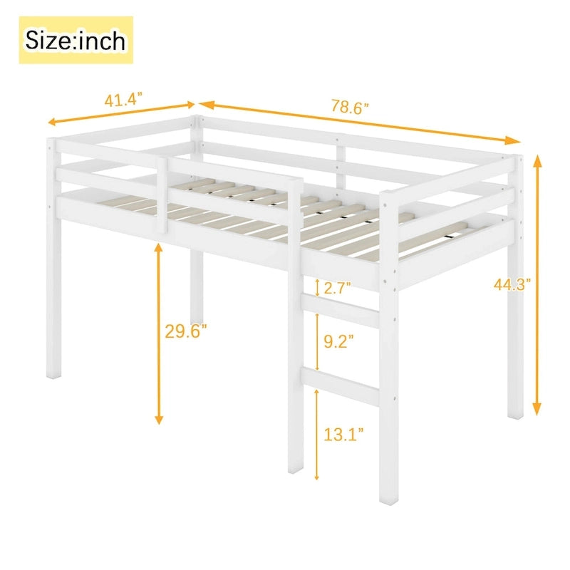 Lit mezzanine double en bois massif et en bois d'hévéa avec échelle et sommier à lattes renforcées