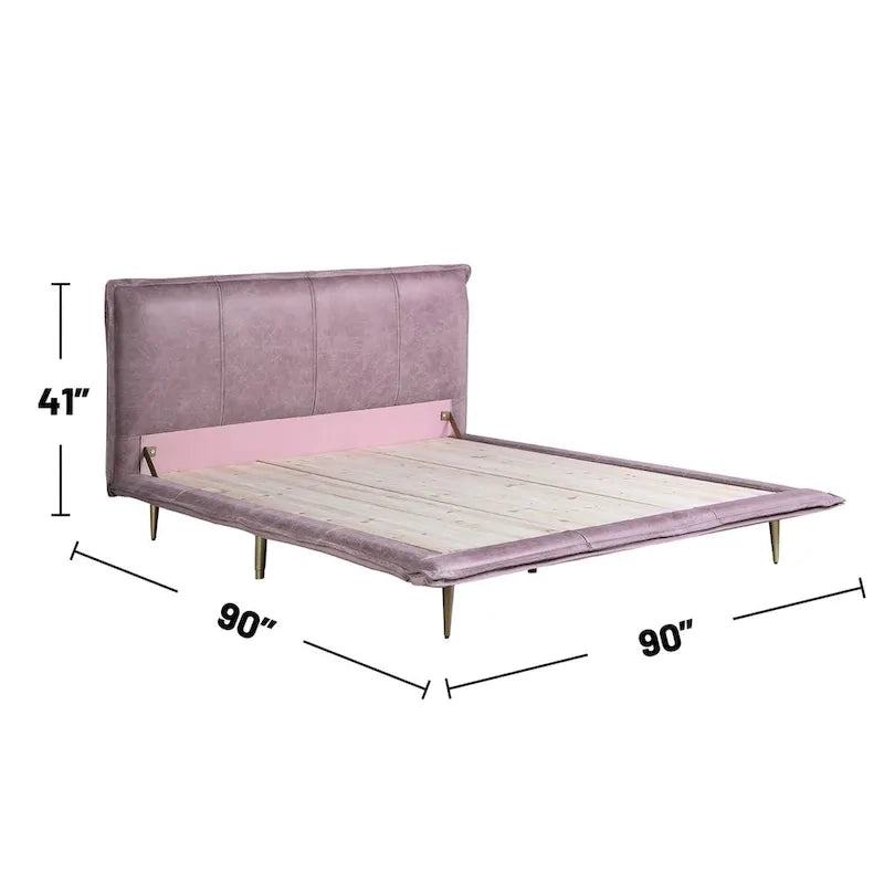 Lit King Size en cuir pleine fleur avec pieds en métal, finition rose