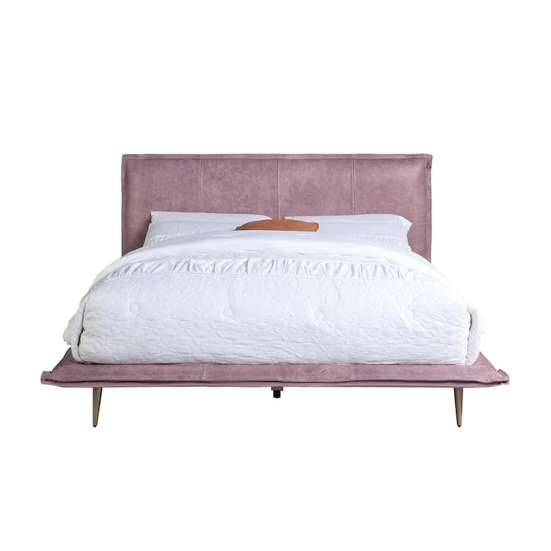 Lit King Size en cuir pleine fleur avec pieds en métal, finition rose