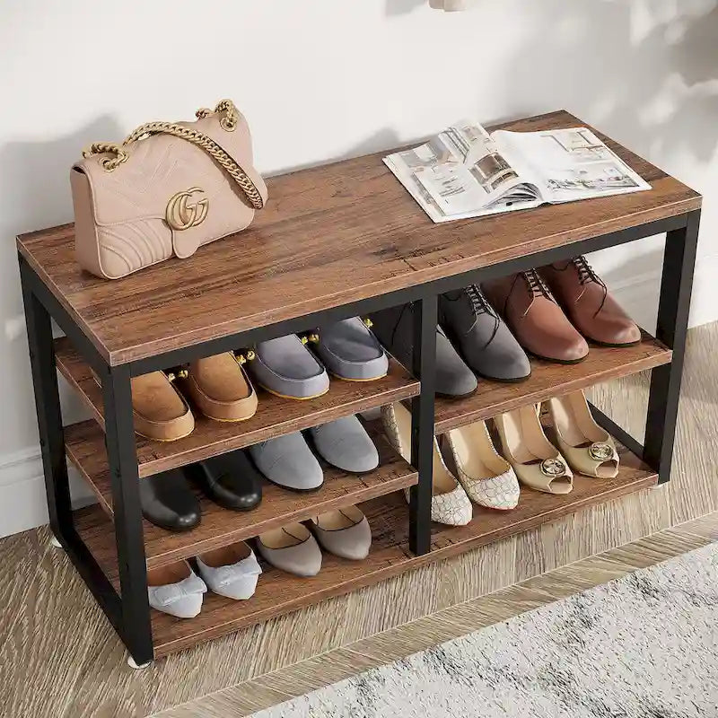 Ensemble banc à chaussures et porte-manteau mural de style industriel, marron rustique