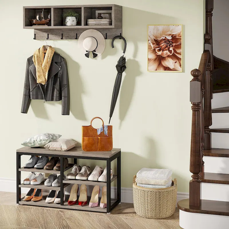Ensemble banc à chaussures et porte-manteau mural de style industriel, marron rustique