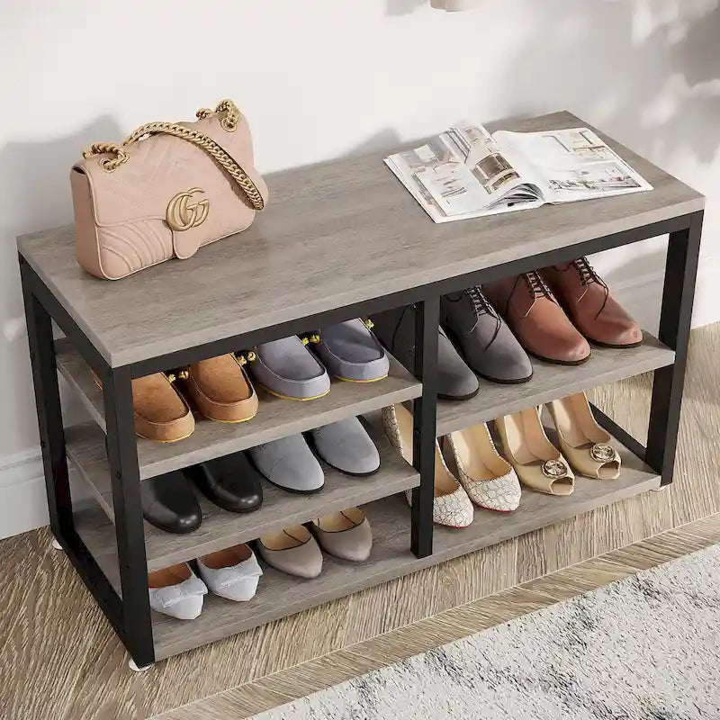 Ensemble banc à chaussures et porte-manteau mural de style industriel, marron rustique