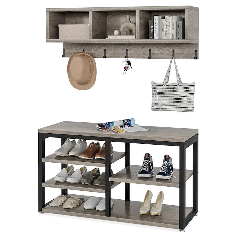 Ensemble banc à chaussures et porte-manteau mural de style industriel, marron rustique